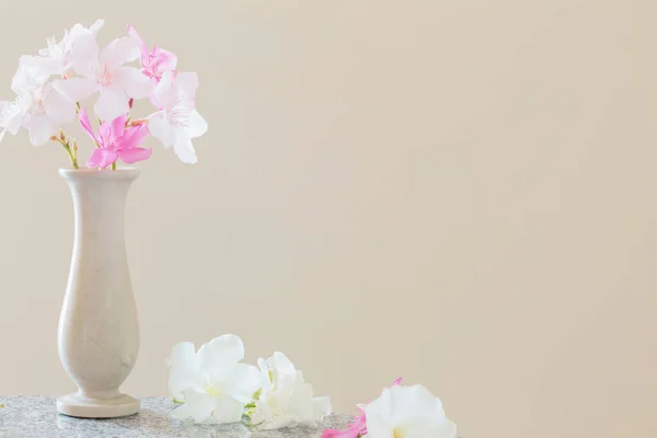 white and pink flowers in vase on beige background