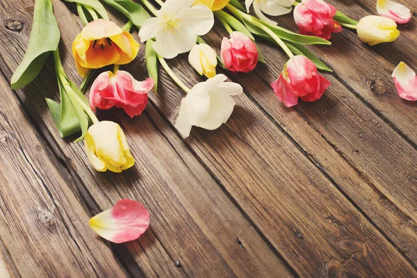 Piękne Tulipany Starym Ciemnym Drewnianym Tle — Zdjęcie stockowe
