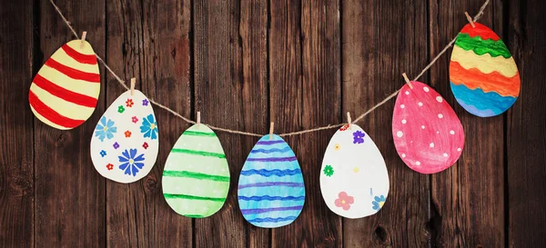 Paper Easter Painted Eggs Painted Hang Clothespins Background Old Wooden — Stock Photo, Image