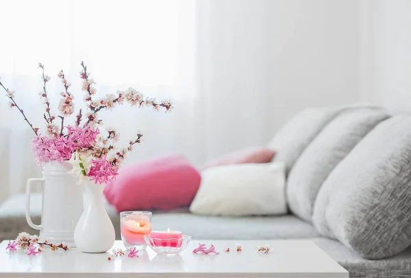 Frühling Rosa Blüten Der Vase Weißen Inneren — Stockfoto
