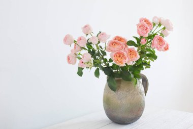 Beyaz arka planda seramik sürahi içinde şakayık gülleri.