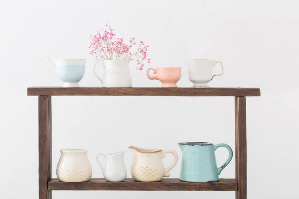 Pink Gypsophila Cups Wooden Shelf White Background — Stock Photo, Image