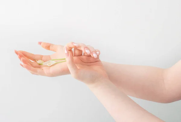 Vrouwelijke Handen Met Mooie Lange Nagels Met Bloemen Witte Achtergrond — Stockfoto