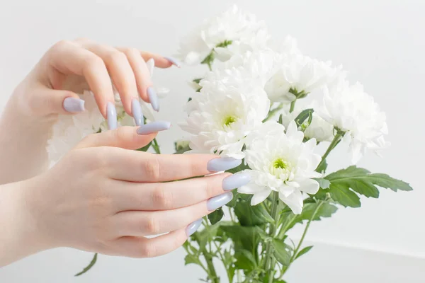 Kobiece Ręce Pięknym Manicure Chryzantemy Kwiaty — Zdjęcie stockowe