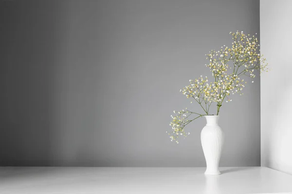 Fiori Gypsophila Vaso Bianco Sfondo Grigio — Foto Stock