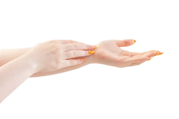 Mão Feminina Com Manicure Isolada Sobre Fundo Branco — Fotografia de Stock