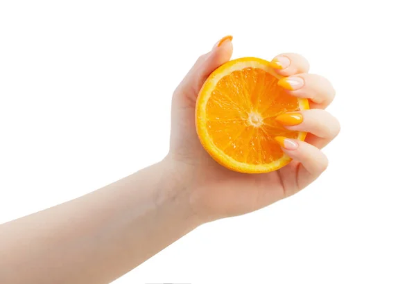 Vrouwelijke Handen Met Oranje Geïsoleerd Witte Achtergrond — Stockfoto