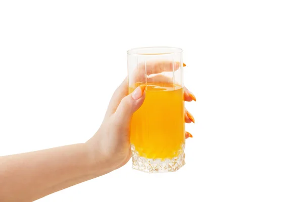 Hand Met Sinaasappelsap Geïsoleerd Witte Achtergrond — Stockfoto