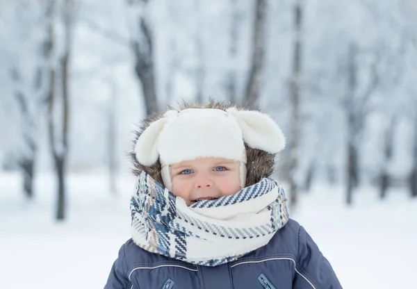 在雪地的冬季公园里快乐的小男孩 — 图库照片