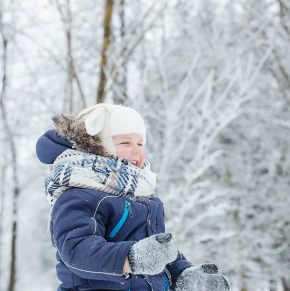 Kleiner Glücklicher Junge Verschneiten Winterpark — Stockfoto