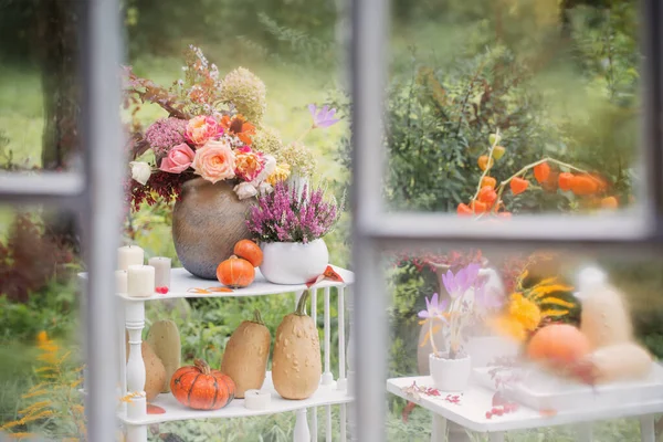 Altes Weißes Holzfenster Mit Regentropfen Und Herbstdekor Garten — Stockfoto