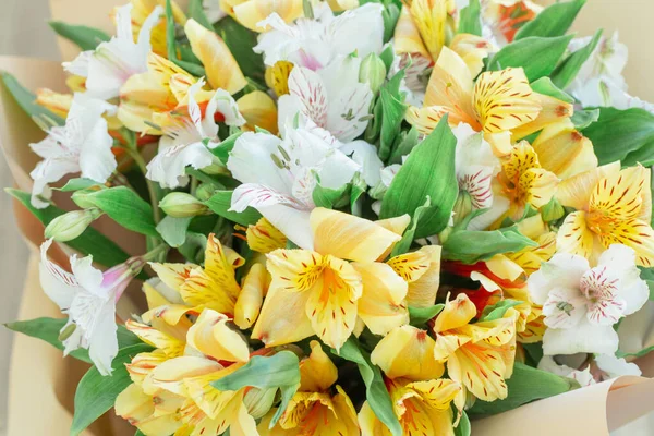 Bouquet White Yellow Alstroemerias Close — Stock Photo, Image