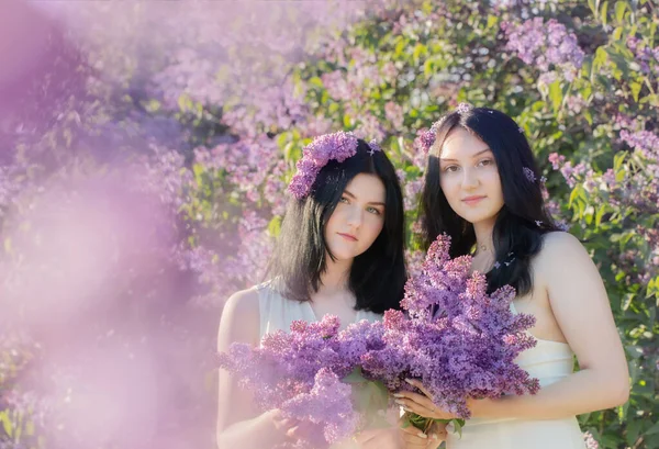 Två Unga Flickor Med Blommande Syren Solljus — Stockfoto