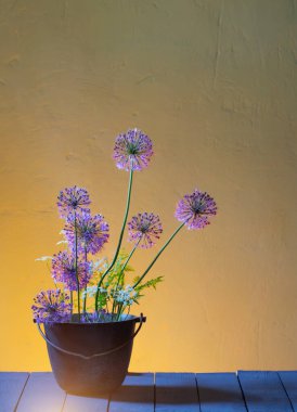 Cam bir vazoda çiçek açan dekoratif soğanlar.