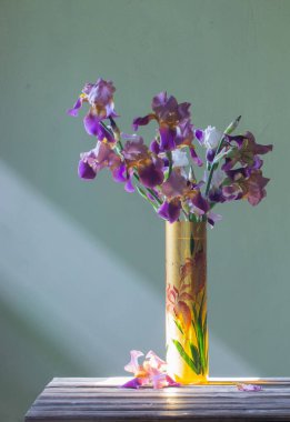 Yeşil duvara karşı güzel cam vazodaki irisler