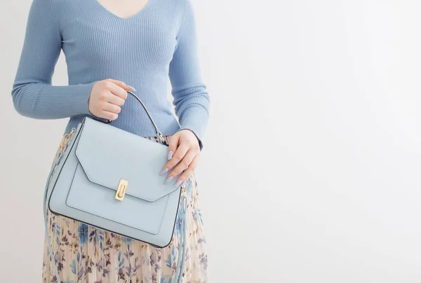 Young Girl Blue Blouse Pleated Skirt Blue Handbag White Background — Stock Photo, Image