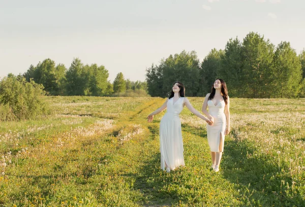 Two Young Beautiful Girls White Dresses Walk — Stock Photo, Image