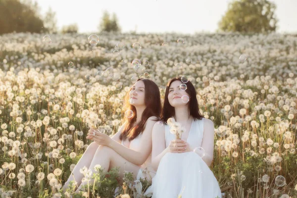 夕阳西下 两个年轻貌美的姑娘坐在草地上 手里拿着蒲公英 — 图库照片
