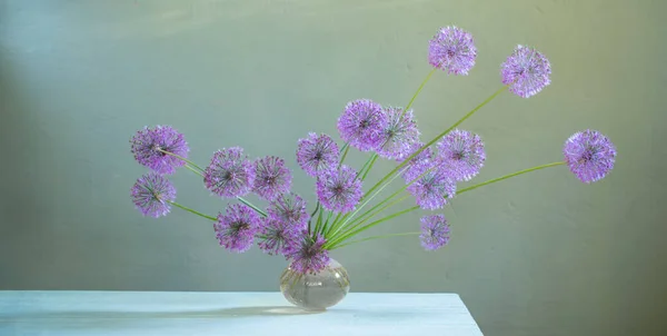 Strauß Blühender Zierzwiebeln Einer Glasvase — Stockfoto
