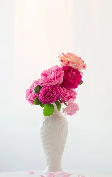 背景白墙上桌子上白色花瓶里的粉红玫瑰 — 图库照片