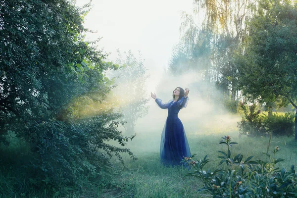 Jong Mooi Vrouw Blauw Vintage Jurk Magie Bos — Stockfoto