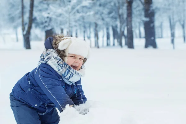 Liten Glad Pojke Snöig Vinterpark — Stockfoto
