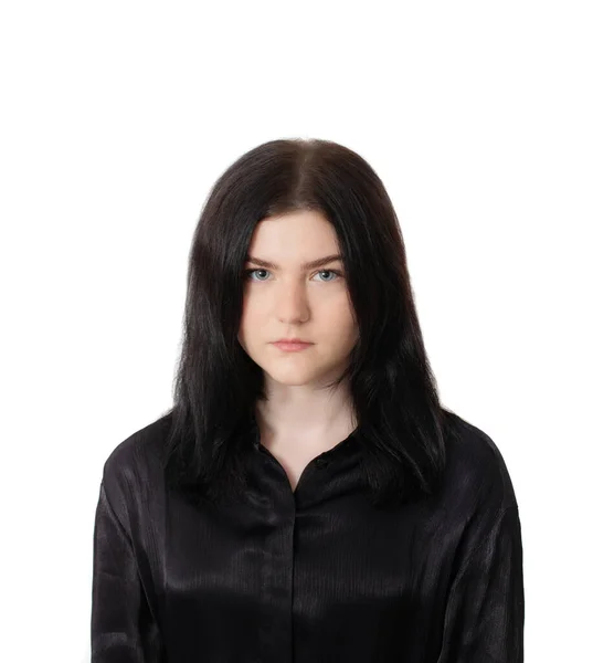 Молодая Брюнетка Черной Рубашке Белом Фоне — стоковое фото