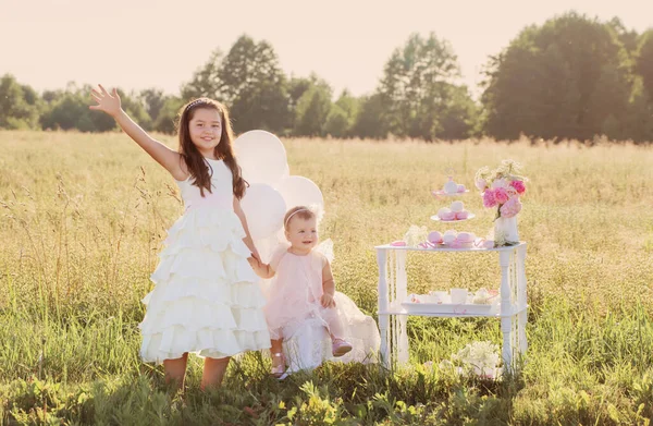 Två Unga Systrar Vackra Klänningar Med Ballonger Blommor Och Sötsaker — Stockfoto