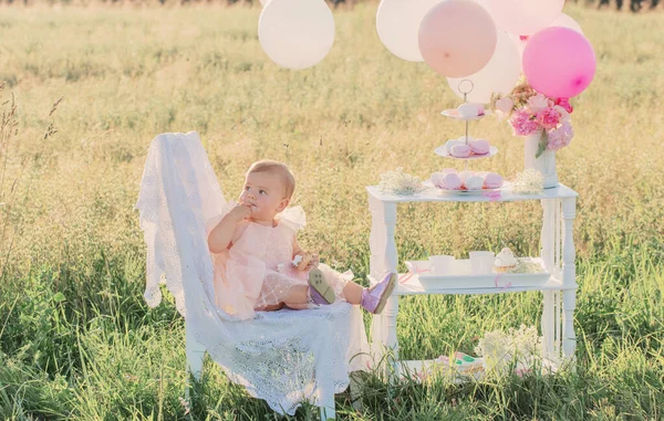 Little Girl Celebrates Her First Birthday Sunny Summer Day — Stock Photo, Image