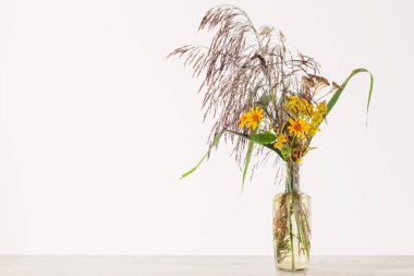 Sazlık buketi ve sarı sonbahar çiçekleri beyaz arka planda.