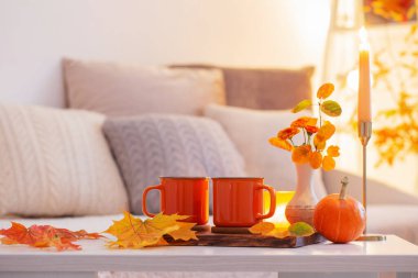 Sonbahar ışığı içimli iki portakallı bardak.