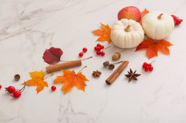 Beyaz mermer zemin üzerinde sonbahar doğal dekoru
