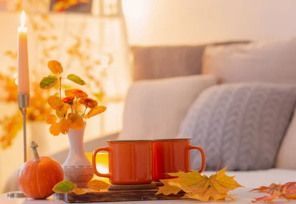 Two Orange Cups Hot Drink Autumnal Light Interior — Stock Photo, Image