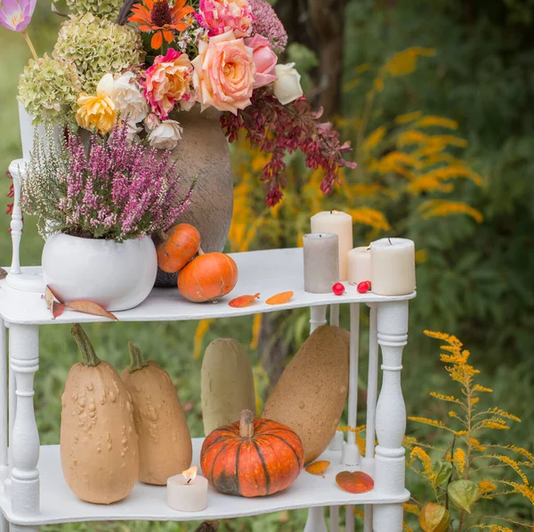 Schöne Herbstdekoration Mit Blumen Beeren Kürbissen Garten — Stockfoto