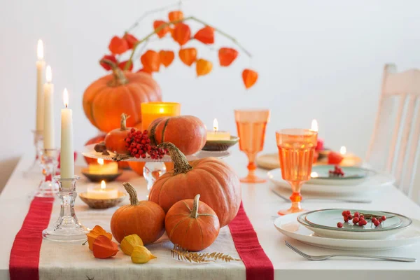 Autumn Table Setting Burning Candles Pumpkins — Stock Photo, Image
