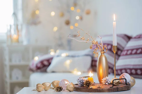 Décoration Noël Maison Avec Des Bougies Intérieur Blanc — Photo