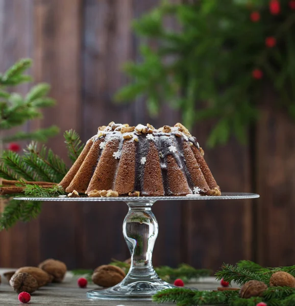 Christmas Cake Dark Wooden Background — Stock Photo, Image