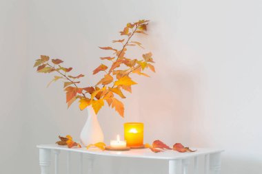 Beyaz vazodaki sonbahar buketi ahşap rafta, beyaz iç kısımda.