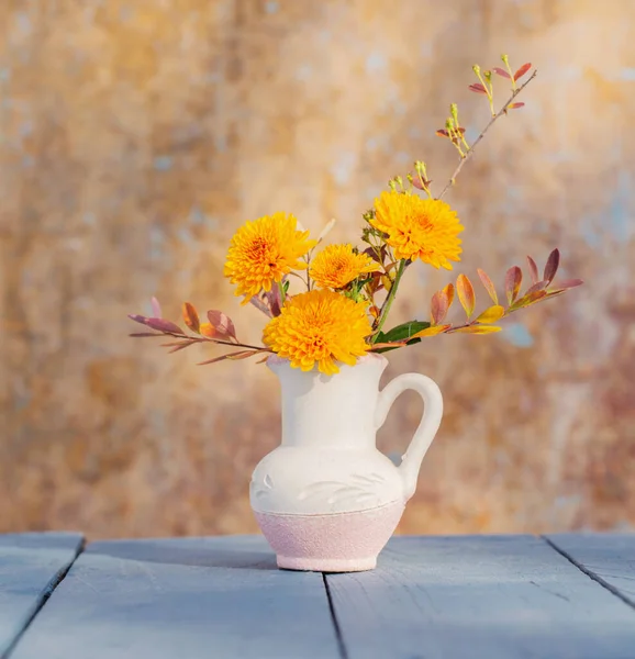 Krysantemum Blommor Kanna Bakgrund Gammal Vägg Solljus — Stockfoto