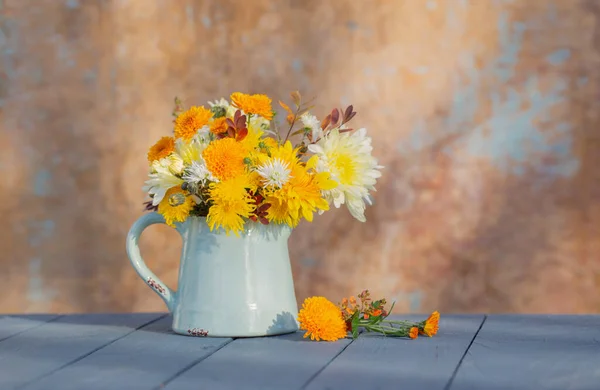在阳光下的背景墙上的水壶里放着菊花 — 图库照片