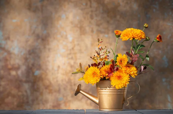 Chrysanthemenblüten Goldener Gießkanne Auf Hintergrund Alte Wand Sonnenlicht — Stockfoto