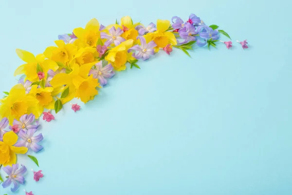 Flores Primavera Sobre Fondo Papper Azul —  Fotos de Stock