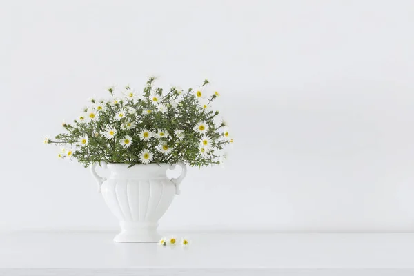 White Flowers White Ceramic Vase White Interior — Stock Photo, Image