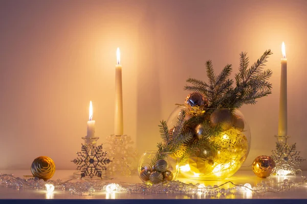 Décoration Noël Avec Des Bougies Allumées Intérieur Blanc — Photo