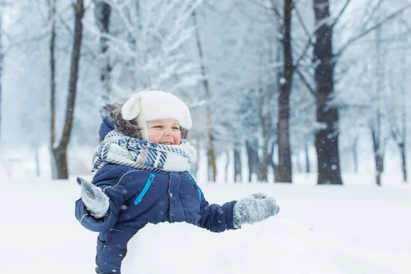 Karlı Kış Parkında Küçük Mutlu Çocuk — Stok fotoğraf