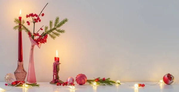 Pink Christmas Decor Burning Candles White Interior — Stock Photo, Image