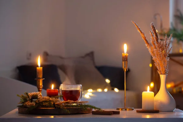 Hot Tea Thermo Glass Christmas Decor Burning Candles Home — Stock Photo, Image