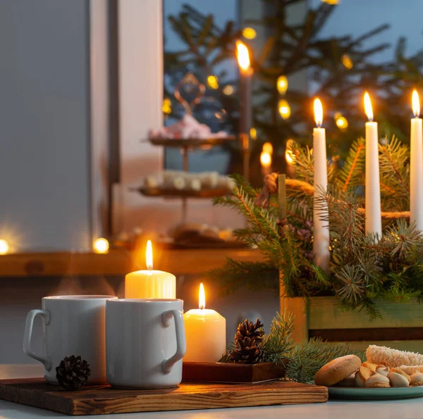 White Cups Hot Drink Christmas Decorations Home — Stock Photo, Image