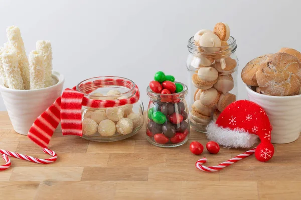 Christmas Candies Cookies Jars Wooden Shelf White Background — Stock Photo, Image