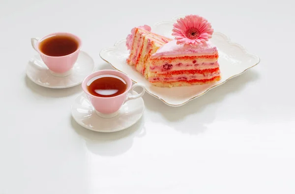 Two Cups Tea Pink Cake White Table — Stock Photo, Image